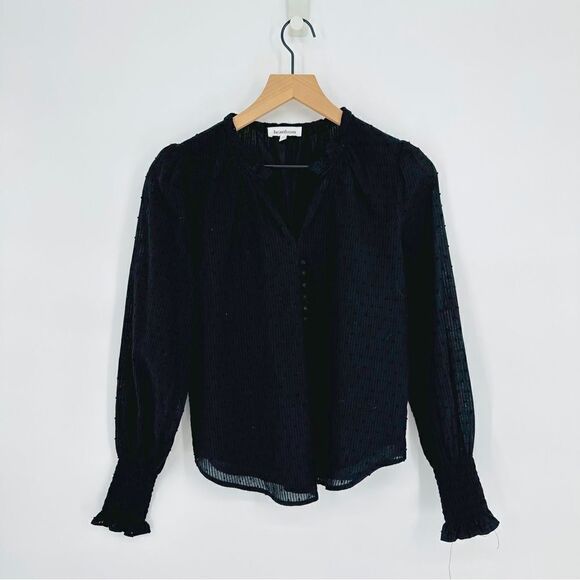 Heartloom Petra Puff Sleeve Swiss Dot Top Smocked Ruffle V-Neck Black Women's XS - Picture 2 of 7